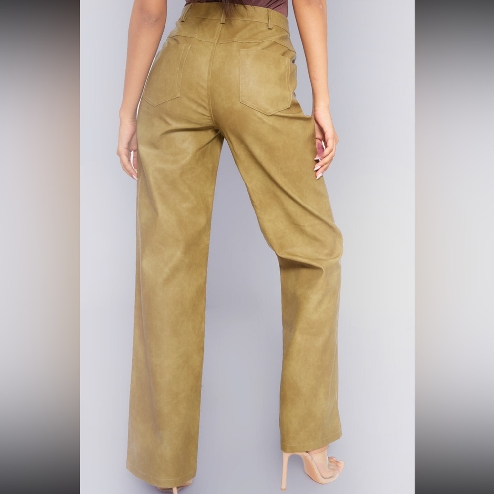 PrettyLittleThing Olive Faux Leather Trousers - Picture 9 of 12